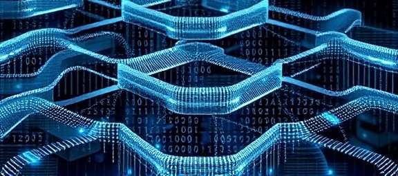 cutting-edge digital network, cohesive structures, integrating new technologies, photorealistic, expansive data landscape with computational grids, highly detailed, flowing binary codes, 6K definition, silver with holographic overlays, dimmed backlighting, shot with an aerial lens