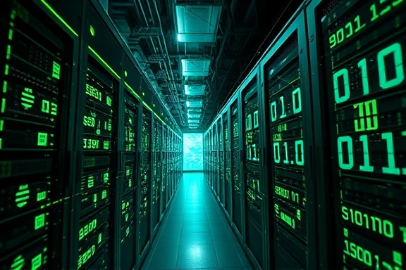 dynamic digital signal, intricate, coding and decoding data, photorealistic, vast data center with servers and circuit boards, highly detailed, binary code flowing through the air, sharp precision, cyber green, cool LED lighting, shot with a telephoto lens