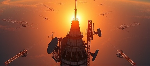 state-of-the-art media broadcast, high-fidelity transmission, reaching global audiences, photorealistic, broadcasting tower surrounded by satellites, highly detailed, radio waves scintillating, high-resolution image quality, bright spectrum, sunrise illumination, shot with a telephoto lens