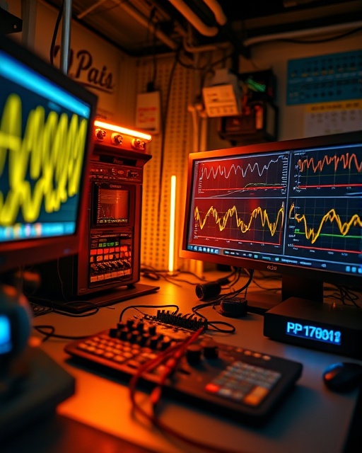 bright signal process, calculated, analyzing waves, photorealistic, laboratory with complex equipment and graphs on monitors, highly detailed, fluctuation of digital waveforms, crisp definition, neon yellow, fluorescent light, shot with a macro lens