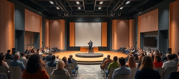 captivating channel broadcast, informative, delivering an interactive talk show, photorealistic, set in a spacious room with audience seating and a presenter center stage, highly detailed, real-time audience engagement through technology, 6K sharper imagery, pastel and charcoal tones, track lighting, shot with an ARRI Master Anamorphic Lens 50mm T1.9.