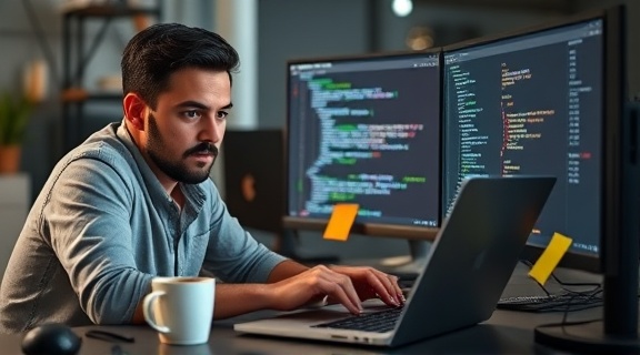 expert skills, focused expression, coding on a laptop, photorealistic, high-tech workspace with dual monitors, highly detailed, a cup of coffee and sticky notes, Canon EOS R5, bright LED light, shot with a 24-70mm lens.