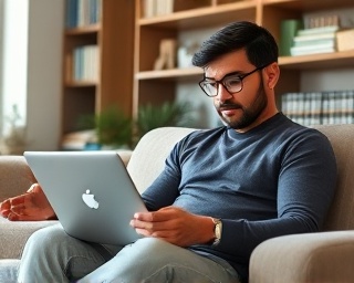 vista media strategist, analytical expression, studying trends, photorealistic, comfortable space with a plush sofa and bookshelves, highly detailed, laptop displaying graphs and charts, detailed texture, pastel shades, natural morning light, shot with a Sigma 18mm lens.