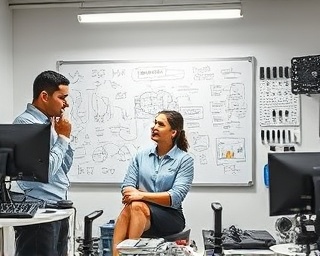 media view specialist, thoughtful expression, crafting strategy, photorealistic, minimalist room with a whiteboard full of diagrams, highly detailed, various gadgets and tools within reach, sharp detail, monochromatic scheme, overhead fluorescent lighting, shot with an Olympus 45mm lens.