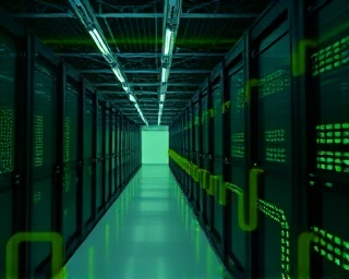 hyper-connected data infrastructure, analytical expression, processing, photorealistic, expansive server farm with blinking lights, highly detailed, data streams in motion, high-resolution, green tones, ambient cooling light, shot with a prime lens.