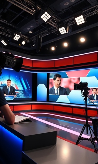 dynamic channel broadcast, engaging, capturing a live news segment, photorealistic, with a news desk, teleprompter, and multiple cameras, highly detailed, on-air graphics seamlessly integrating with footage, 8K clarity, warm and neutral tones, spotlight illumination, shot with a RED Digital Cinema Helium 8K S35 lens.