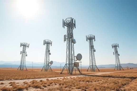 energetic signal strength, powerful, amplifying sounds, photorealistic, open field with broadcasting towers under a clear sky, highly detailed, electromagnetic pulses emanating, vivid clarity, pure white, natural sunlight, shot with a wide-angle lens