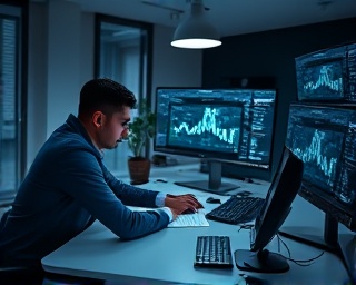 viewpoint media analyst, intense expression, conducting research, photorealistic, a sleek home office with a large ergonomic desk, highly detailed, computer screens showing data in various forms, high resolution, cool tones, focused desk lamp, shot with a Fujifilm 23mm lens.