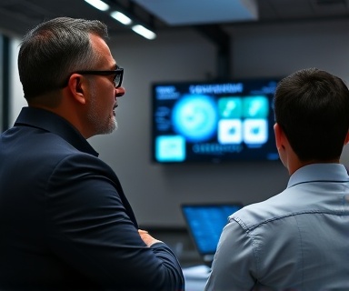 expert training, attentive expression, presenting slides, photorealistic, tech company meeting room, highly detailed, digital screens and presentation boards, Fujifilm X-T4, neutral light, shot with a 28mm lens.