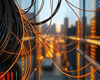 dynamic network infrastructure, synchronized expression, managing, photorealistic, intertwining optical cables in a cityscape, highly detailed, active data flow through cables, high-resolution, warm gold, focused spotlight, shot with a tilt-shift lens.