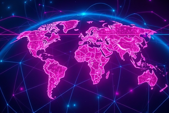 resilient network connections, secure and fast, enhancing global accessibility, photorealistic, detailed map with fiber optic lines, highly detailed, glowing network pathways, ultra-HD clarity, cyan and magenta tones, cool floodlighting, shot with a global fisheye lens