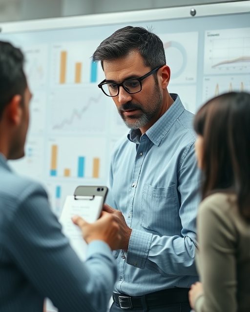 thoughtful executive planner, determined expression, mapping out strategies, photorealistic, detailed whiteboard with charts and graphs in the background, highly detailed, colleagues interacting dynamically, 35mm lens, cool tones, diffused lighting