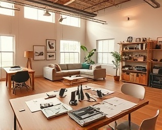 visionary media architect, inspired expression, developing concept, photorealistic, open-concept loft with urban decor, highly detailed, tables cluttered with prototypes and sketches, ultra HD, warm beige and brown, soft evening light, shot with a Panasonic 25mm lens.