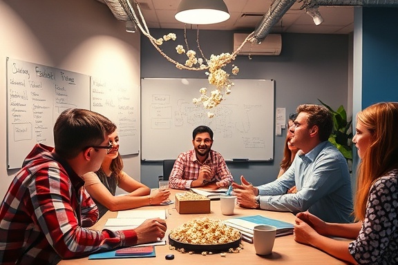 dynamic publishing frequency, energetic enthusiasm, brainstorming for a blog, photorealistic, in a creative co-working space with whiteboards, highly detailed, ideas popping like popcorn, sharp contrast and depth, lively blues and reds, spot lighting focus, shot with a wide-angle lens.