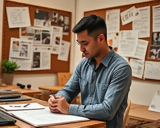 vista media director, contemplative expression, planning storyboard, photorealistic, a creative workspace with mood boards on the walls, highly detailed, sketches and notes scattered around, fine detail, earthy hues, diffused natural lighting, shot with a Nikon 85mm lens.