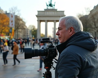 reputable media correspondent, insightful expression, reporting live, photorealistic, busy public square with passersby and a historic monument, highly detailed, live broadcast equipment, 50mm lens, soft morning light, shot with a Canon EOS R3