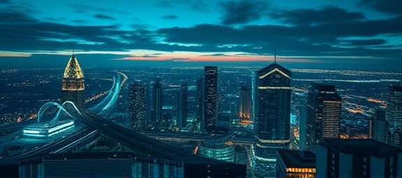 cutting-edge network infrastructure, connected expression, optimizing, photorealistic, cityscape bridging technology and natural landscapes, highly detailed, digital connections like synapses, high-resolution, teal and gray, crisp twilight illumination, shot with a telephoto lens.