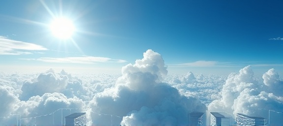 innovative cloud infrastructure, expansive expression, integrating, photorealistic, serene sky filled with digital clouds and fiber-optic lines, highly detailed, dynamic interaction with devices, high-resolution, azure hues, radiant sunlight, shot with a 35mm lens.