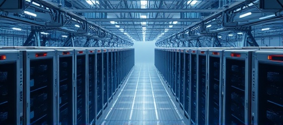 innovative network infrastructure, robust architecture, supporting large-scale operations, photorealistic, metropolitan area with servers and data centers, highly detailed, continuous data streams, 8K clarity, grey and blue metallic shades, controlled spotlight effect, shot with a tilt-shift lens
