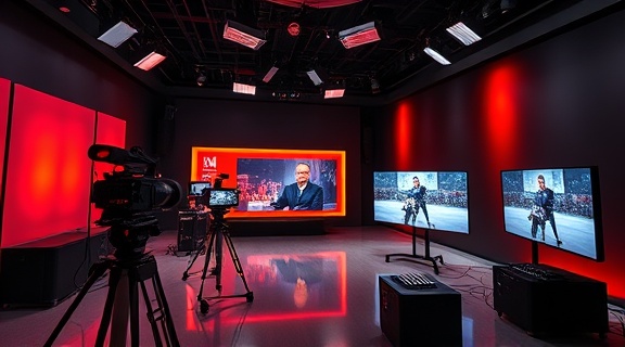 professional channel studio, sleek, preparing a new program launch, photorealistic, featuring cutting-edge production tools and colorful backdrops, highly detailed, action sequences being demonstrated on displays, full-frame resolution, vibrant reds and oranges, overhead lighting, shot with a Leica Summilux-M 35mm f/1.4 lens.
