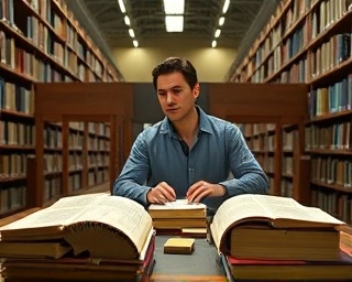 viewpoint media curator, curious expression, exploring archives, photorealistic, a spacious library with floor-to-ceiling shelves, highly detailed, ancient and modern media items on a large table, sharp clarity, rich wood accents, soft overhead lighting, shot with a Zeiss 40mm lens.