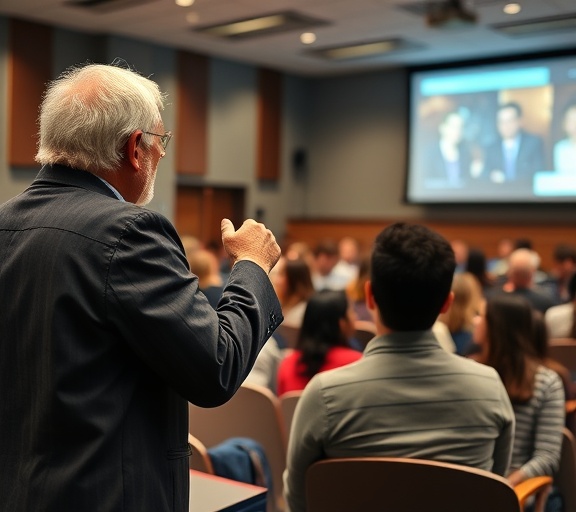media pioneer leader, inspiring expression, leading a seminar, photorealistic, school auditorium with attentive students, highly detailed, presentation slides projected, 24mm lens, soft overhead lights, shot with a Panasonic GH5