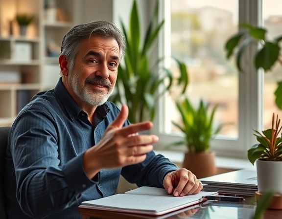 expert advice, reassuring expression, gesturing toward solutions, photorealistic, cozy home office with plants, highly detailed, a notepad and pens, Sony A7R IV, soft afternoon light, shot with an 85mm lens.