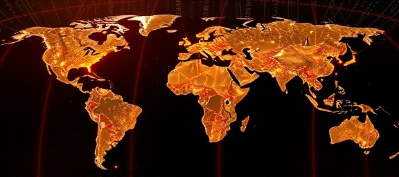 efficient network communication, seamless transmission, exchanging encrypted information, photorealistic, global view with continents connected by light trails, highly detailed, data packets visible in transit, 4K resolution, golden over dark tone, global ambient lighting, shot with a satellite camera