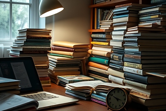 meticulous publishing routine, quiet reflection, reviewing article drafts, photorealistic, surrounded by stacks of journals and a laptop, highly detailed, clock ticking audibly, macro photography precision, soft yellows and greens, ambient lighting from a single lamp, shot with an 85mm lens.