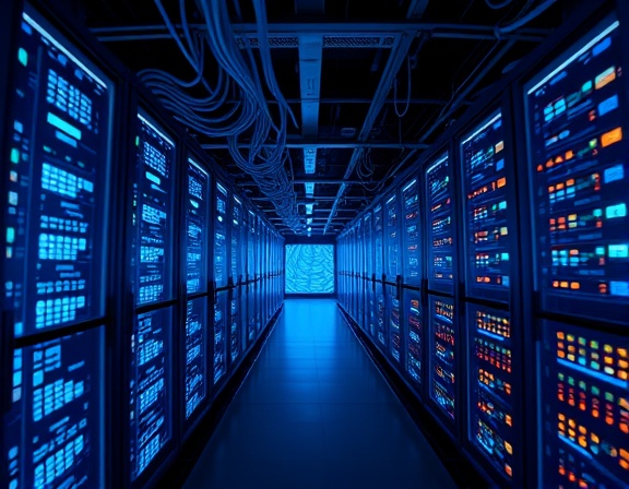 modern data infrastructure, analytical expression, evolving, photorealistic, expansive data center with rows of glowing servers, highly detailed, swirling data streams, high-resolution, deep blue, soft ambient glow, shot with a wide-angle lens.