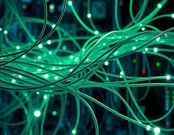 modern network connections, dynamic web, synchronizing systems, photorealistic, futuristic tech hub with glowing cables, highly detailed, pulsating neon connections, ultra-high definition, green and silver hues, bright LED illumination, shot with a macro lens