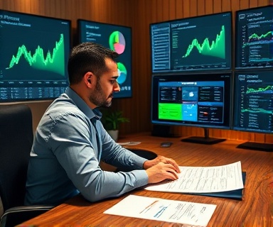 dedicated channel owner, determined, executing strategic planning, photorealistic, seated at a large wooden desk with charts and statistical reports, highly detailed, digital screens displaying data and analytical information, UHD definition, earthy and deep greens, side lighting, shot with a Fujifilm XF 56mm f/1.2 lens.