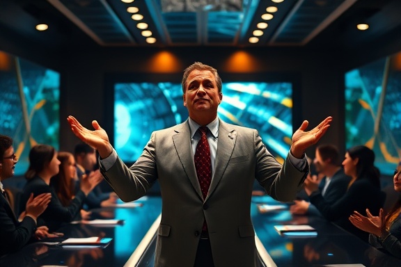 visionary executive, inspired expression, presenting future goals, photorealistic, futuristic boardroom with digital screens, highly detailed, team applauding, 85mm lens, warm hues, spotlight on speaker