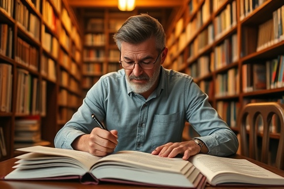 expert knowledge, thoughtful expression, jotting notes, photorealistic, library full of bookcases, highly detailed, open books on the table, Nikon D850, warm ambient light, shot with a 35mm lens.