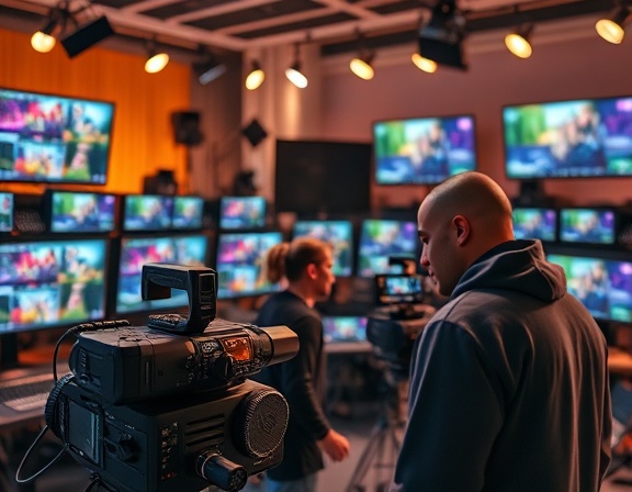 visual media creator, focused expression, editing footage, photorealistic, bustling studio filled with cutting-edge equipment, highly detailed, monitors displaying vibrant video clips, 8K resolution, vibrant colors, warm studio lights, shot with a Sony 35mm lens.