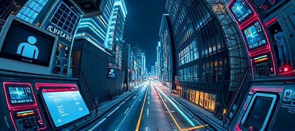 advanced digital infrastructure, seamless expression, automating, photorealistic, futuristic urban environment with smart systems, highly detailed, interconnected tech devices, high-resolution, neon accents, energetic night glow, shot with a fisheye lens.