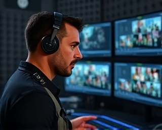visual media producer, focused expression, reviewing content, photorealistic, high-tech editing suite with soundproof walls, highly detailed, multiple screens showing video timelines, fine resolution, cool metallic tones, subtle backlighting, shot with a Leica 28mm lens.