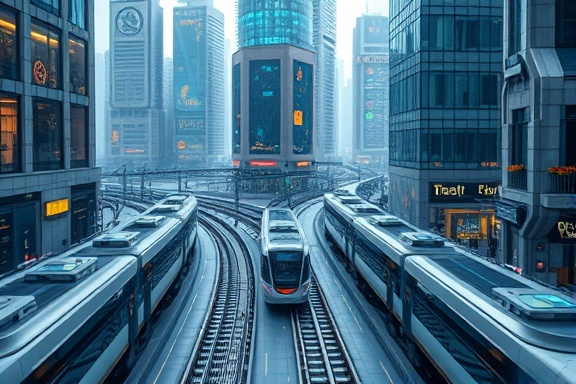 intelligent AI infrastructure, cognitive expression, learning, photorealistic, futuristic city with intelligent transport systems, highly detailed, fluid AI interactions, high-resolution, silver and blue, diffused lighting, shot with a macro lens.