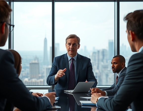 persuasive executive decision-maker, confident expression, conducting a crucial meeting, photorealistic, high-rise office view with city skyline, highly detailed, team attentively listening, 70mm lens, muted colors, afternoon natural lighting