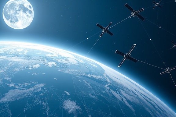 versatile network communication systems, adaptive protocols, improving digital ecosystems, photorealistic, open sky with interconnected satellite networks, highly detailed, satellites orbiting earth, 8K resolution, cosmic blue and white, soft moonlight, shot with a space telescope lens