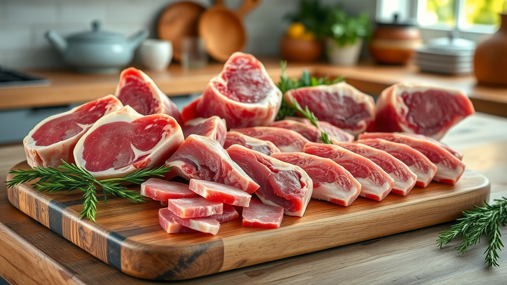 carnivore diet stops inflammation fresh red meat and organ meats on rustic board, photorealistic, rich natural tones, farmhouse kitchen, no text