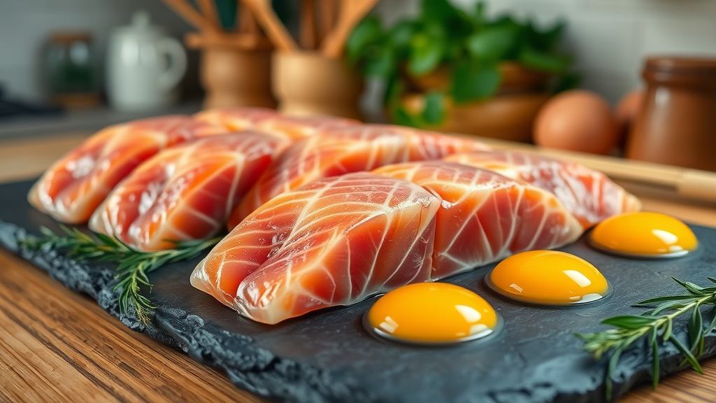 carnivore diet stops inflammation omega-3, organ meats, beef liver, egg yolks, photorealistic, kitchen scene, no text