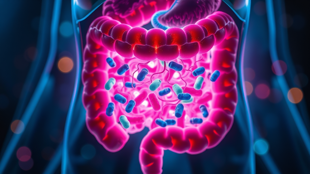 gut health chronic inflammation human gut cross section microbiome, photorealistic lifelike, luminous microbes, no text
