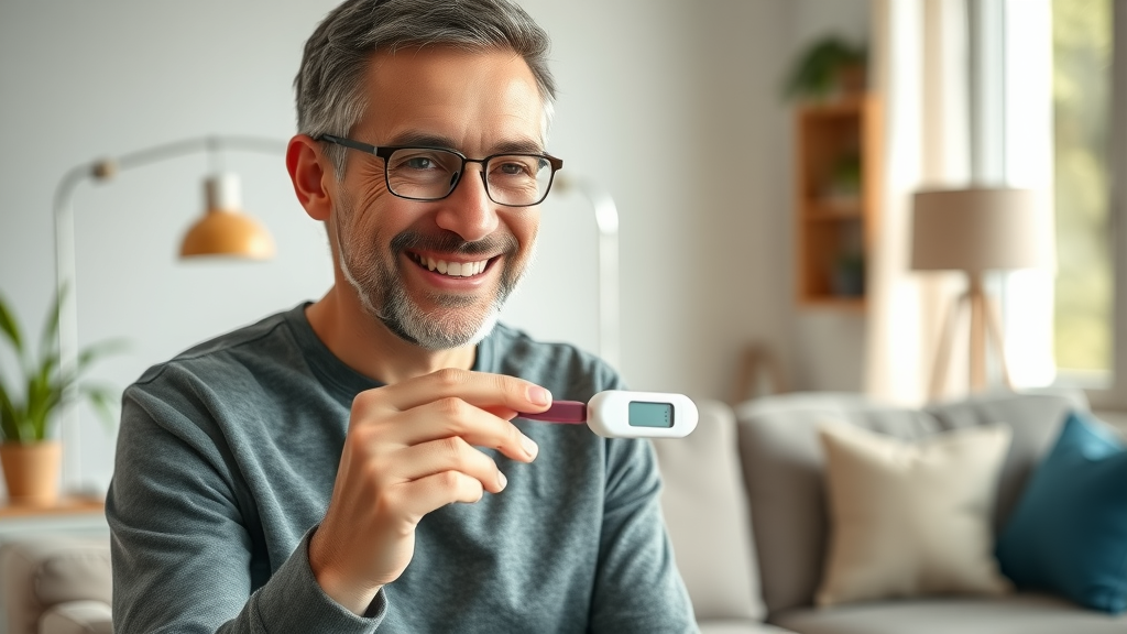 carnivore diet stops inflammation healthy adult checking blood sugar, photorealistic home wellness scene, no text
