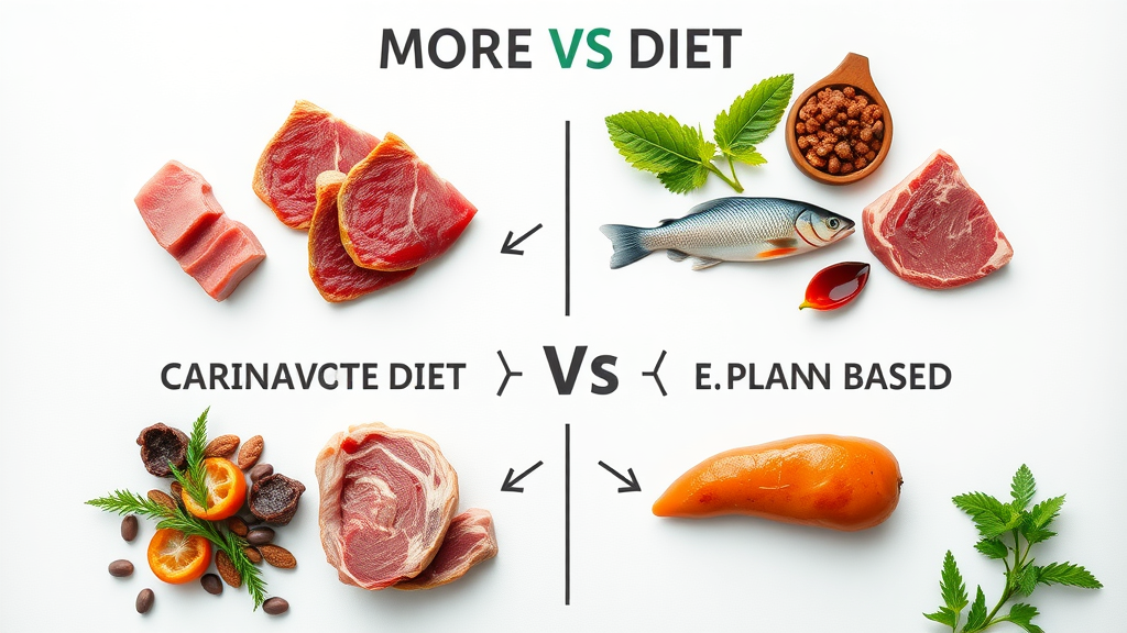 Infographic comparing carnivore diet to keto and plant-based diets, highlighting meats, organ meats, and nutrient breakdown