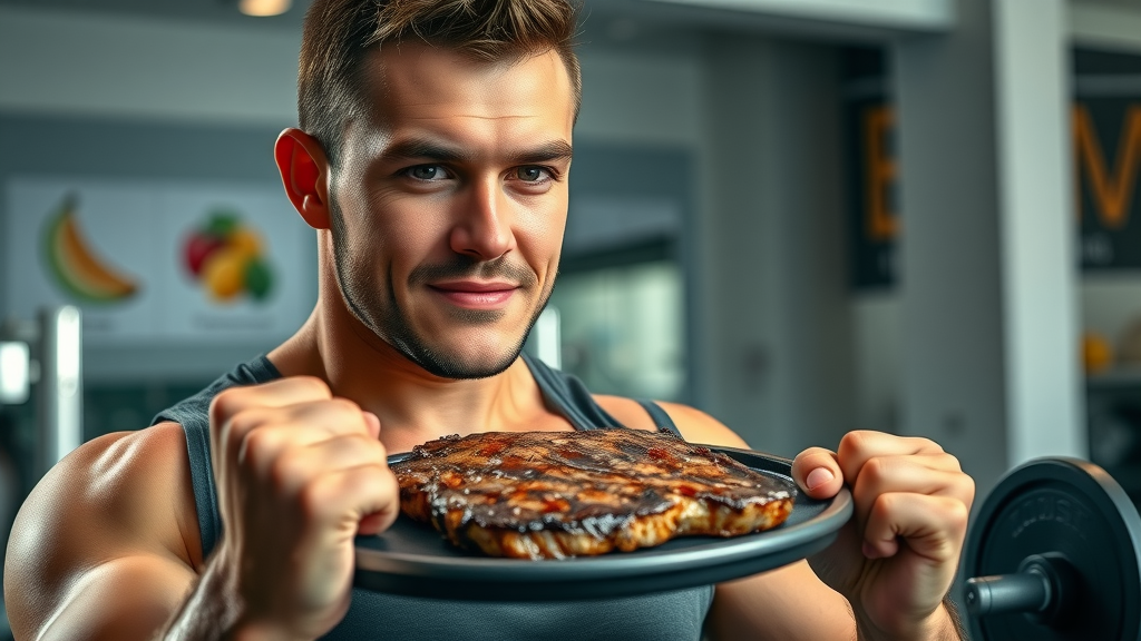 Athletic man in gym, lifting weights while enjoying a grilled steak, showing how carnivore diet benefits fitness and fat loss
