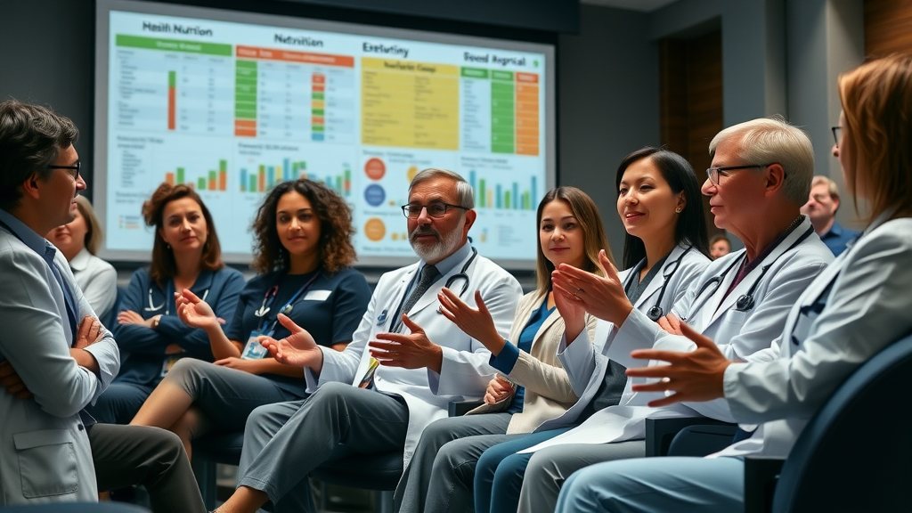 Health professionals debating the sustainability of carnivore diet; nutrition charts in background
