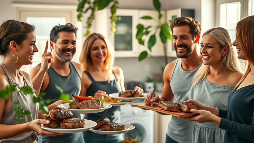 dynamic group of healthy, fit adults, smiling and holding plates with grilled meats, celebratory, engaging in lively conversation, grilled steaks, vibrant food presentation, carnivore diet secrets, bright kitchen, natural daylight