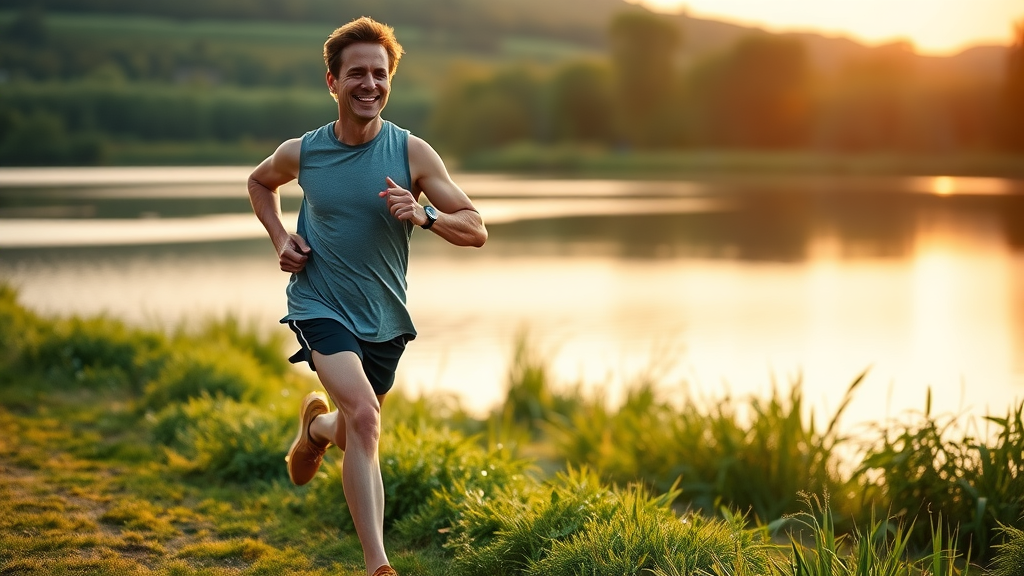 happy, energetic adult jogging outdoors beside a tranquil lake, visible healthy physique, carnivore diet success, natural vibrant colors