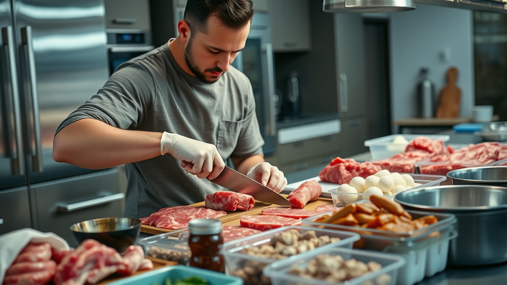motivated individual preparing raw meat and organ meats for meal prep, organized workspace, carnivore diet secrets, modern home kitchen